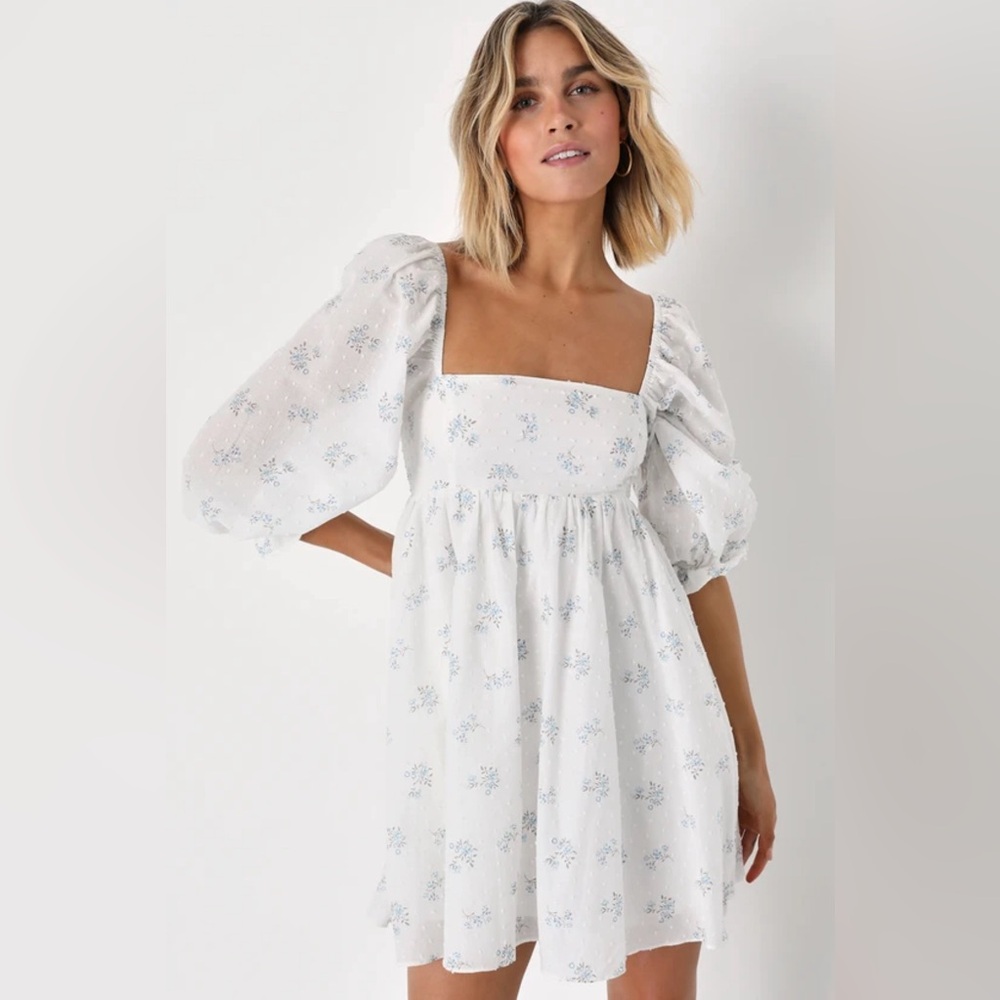 Lulu’s Always Charming White Floral Swiss Dot babydoll dress